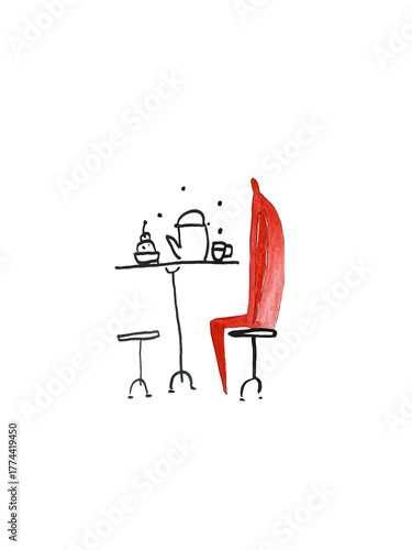 Tea party. Hand paint watercolor stick figure illustration. Watercolor people. Man with tea mug and teapot. 