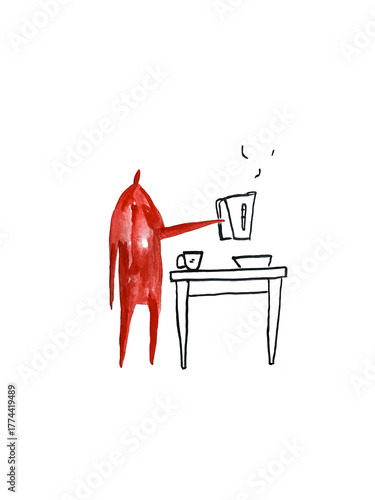 Tea party. Hand paint watercolor stick figure illustration. Watercolor people. Man with teapot. 