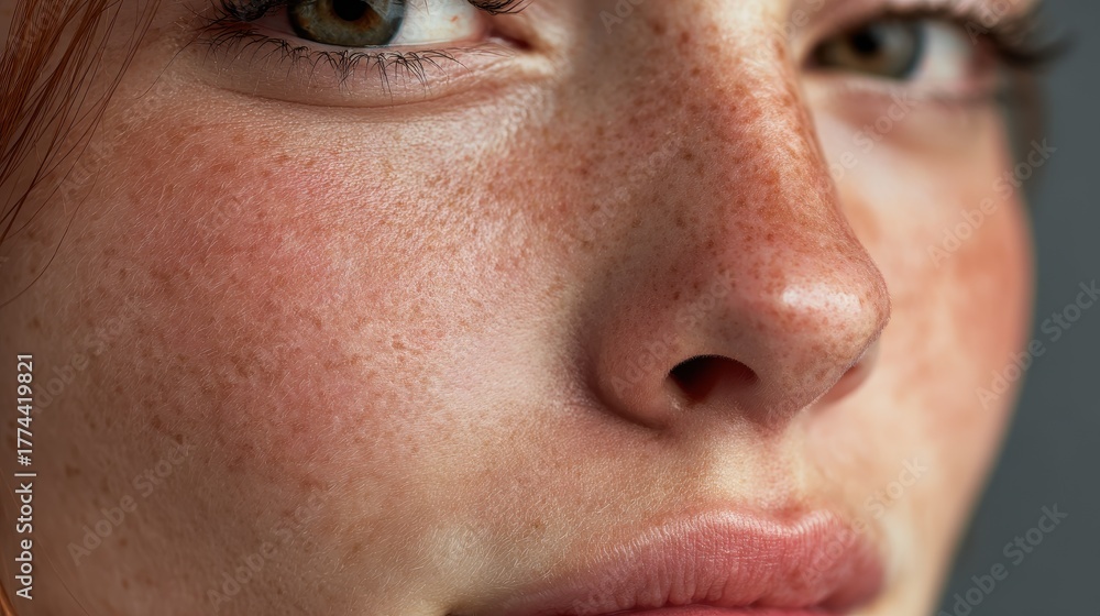 Fototapeta premium Tight shot of a young woman showcasing her natural skin with pores and slight redness emphasizing genuine beauty and skin wellness in natural light