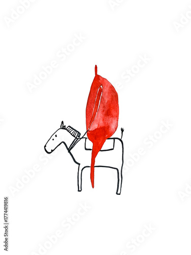 Hand paint watercolor stick figure illustration. Watercolor people. The man on the donkey.