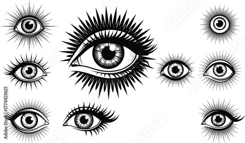 Eye silhouette vector set, surreal iris lash designs, editable black graphic collection, mystical vision icons, artistic themed illustration, optical elements