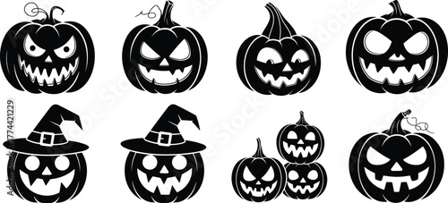Halloween pumpkin silhouettes, scary jack o lantern faces, spooky witch hat pumpkins, vector Halloween illustration, black pumpkin icons for decoration and design