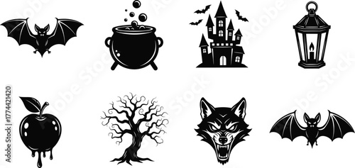 Halloween silhouette vector set, bat cauldron haunted castle lantern apple tree wolf icons, editable black graphic collection, spooky themed illustration