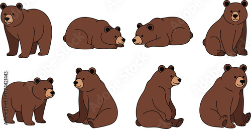 Brown bear illustration, cartoon style, bear poses, sitting bear, lying bear, walking bear, vector art, wildlife clipart, animal design, cute