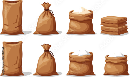 Brown sacks, storage bags, flour packaging, cartoon style, bulk goods, vector illustration, tied bags, open sacks, food containers