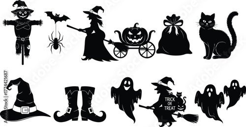 Halloween silhouette vector set, witch ghost cat scarecrow icons, spooky black graphic collection, editable festive illustration, holiday themed design elements