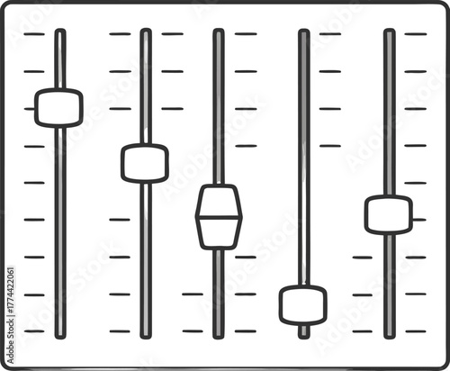Illustration of a sound mixing board with five vertical sliders and horizontal tick marks for levels