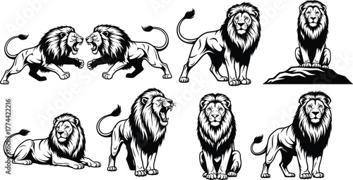 Lion silhouette vector set, roaring and resting poses, black graphic collection, editable wild animal illustrations, majestic feline icons, nature themed design