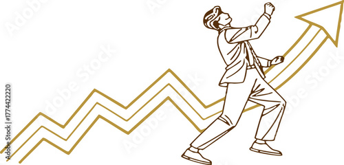 Man in suit climbing an upward trending arrow line graph with fist raised in success and achievement
