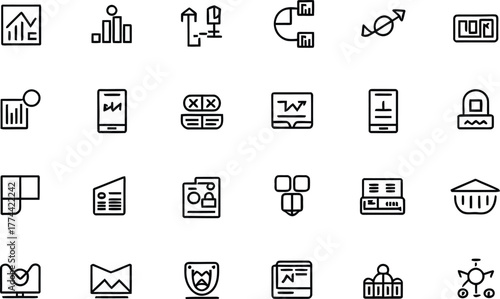 Collection of business and finance icons in outline style arranged on a white background