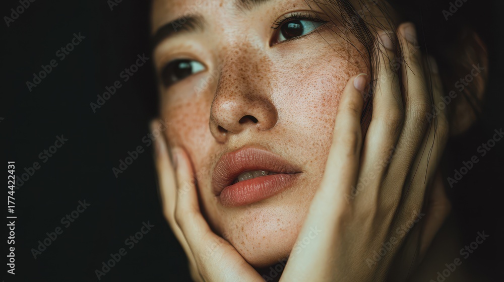 Fototapeta premium A stressed young Asian woman examines dark spots on her face possibly melasma or freckles due to sun allergy Beauty care and skincare treatment for her skin issue