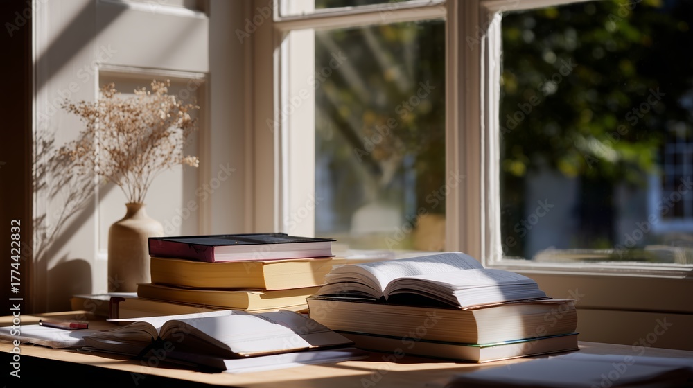 Obraz premium Warm sunlight illuminates open books on a wooden table by a window