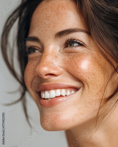 a smiling woman with freckles and perfect teeth looking to the side