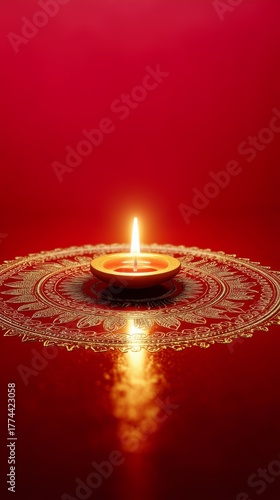 Golden Diya Lamp on Ornate Rangoli with Warm Festive Light Bokeh on a golden mandala on a red background
