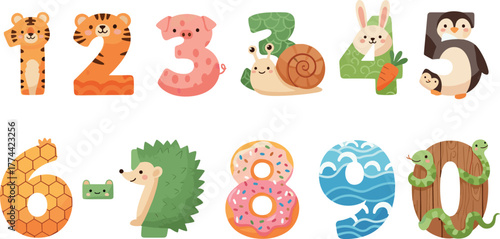 Animal themed numbers, nature inspired digits, educational design, kids learning graphics, playful illustration, colorful characters, creative counting, fun numerals, cartoon style, whimsical artwork