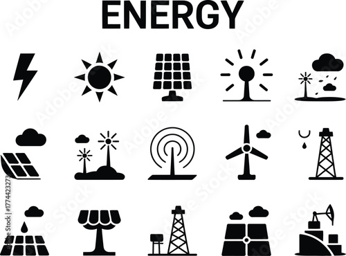 Illustration of diverse energy sources including solar wind geothermal and fossil fuels in black and white