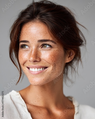 a smiling woman with freckles and perfect teeth looking to the side