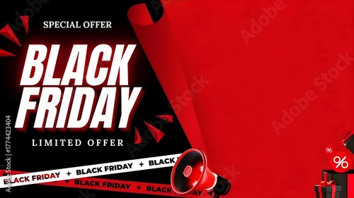 Black Friday sale banner or poster template background, special offer banner for social media and promotion. Super sale, discount and limited offer, shop now, red copy space design 