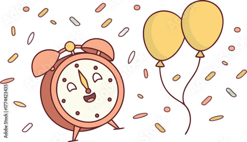 Cartoon alarm clock with a happy face and two yellow balloons amidst falling confetti pieces