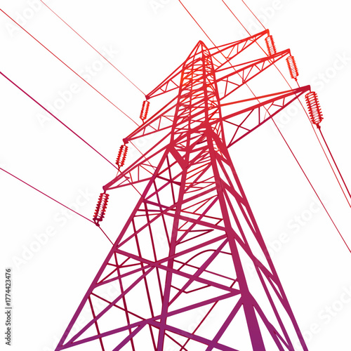A vibrant red and purple gradient high voltage electricity pylon against a clean white background