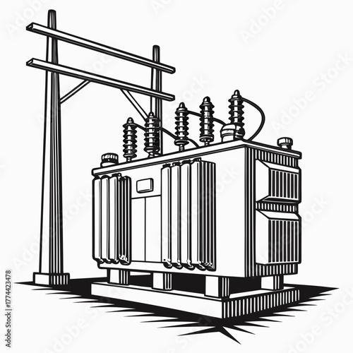 Illustration of a power transformer on a concrete base connected to utility poles with wires