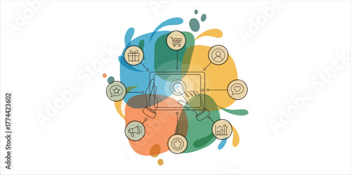 Holding digital customer experience icons, symbolizing customer experience, satisfaction, online shopping, customer centric and digital engagement A refined continuous line art illustration enhanced w