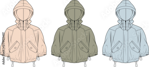 Fashionable Hooded Jackets in Pastel Shades Peach, Olive Green, and Light Blue, Vector Illustration