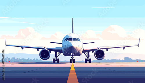 Front view of a passenger airplane on an airport runway under a clear sky with warm lighting, ready for takeoff or taxiing.