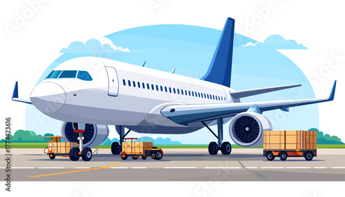Large white passenger airplane on airport tarmac with ground support vehicles and cargo, under a blue sky.