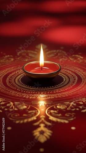 Golden Diya Lamp on Ornate Rangoli with Warm Festive Light Bokeh on a golden mandala on a red background
