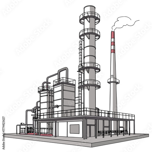 Stylized illustration of a modern industrial refinery complex with distillation towers and smokestack emitting smoke