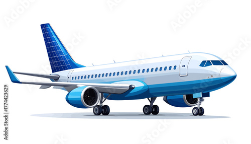 A detailed illustration of a modern passenger airplane with blue and white livery, ready for flight.