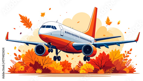 A vibrant illustration of a commercial passenger airplane flying amidst a colorful autumn landscape with falling orange and red leaves.