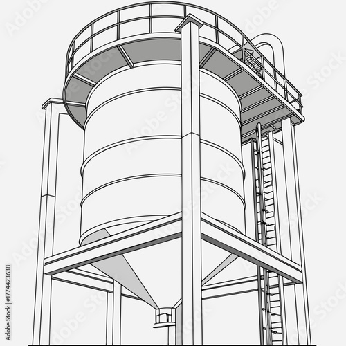 Industrial silo on stilts with ladder and walkway for material storage and processing