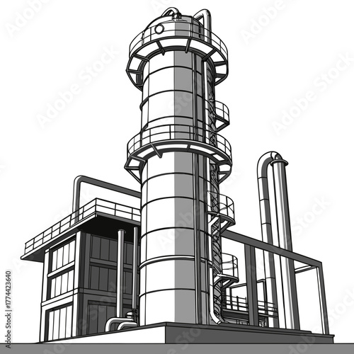 Stylized illustration of a large industrial refinery complex with tall distillation towers and connected buildings
