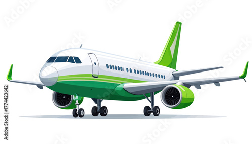 A modern passenger airplane with white and green livery, parked on the ground, ready for takeoff or landing.