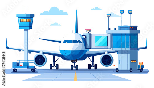 Cartoon illustration of an airplane parked at an airport gate with a jet bridge, control tower, and terminal building.