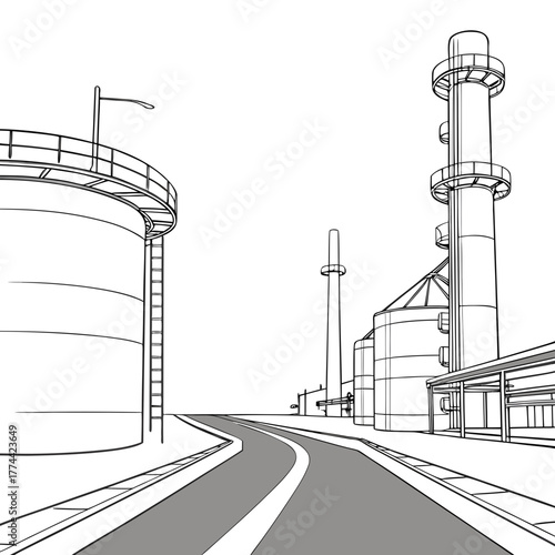 Industrial landscape with storage tanks and smokestacks along a winding road under a clear sky
