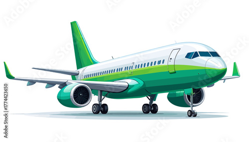 A detailed illustration of a modern commercial passenger airplane with green and white livery.