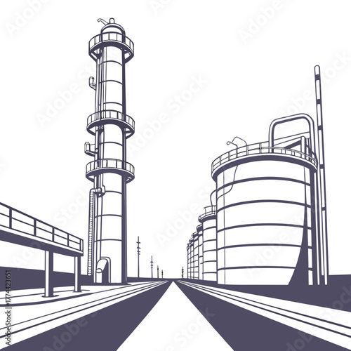 Industrial oil refinery complex with distillation tower and storage tanks under a clear sky