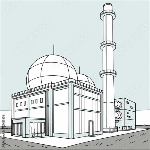 Modern industrial building with domes and tall chimney in a stylized line drawing