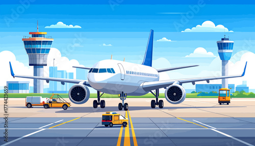 A large passenger airplane parked on an airport tarmac with control towers and various ground support vehicles under a clear blue sky.