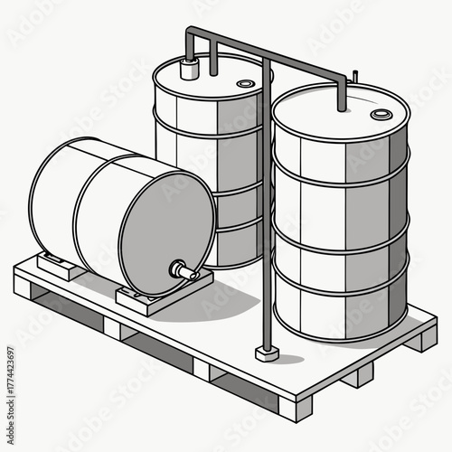 Industrial storage drums and pipes arranged on a wooden pallet in an isometric perspective