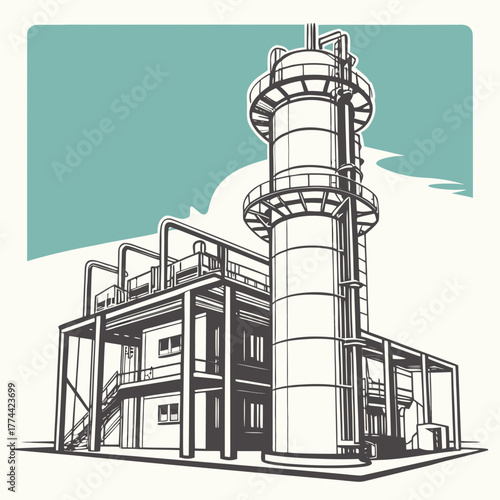 Industrial plant with tall distillation tower and connected buildings against a stylized sky background