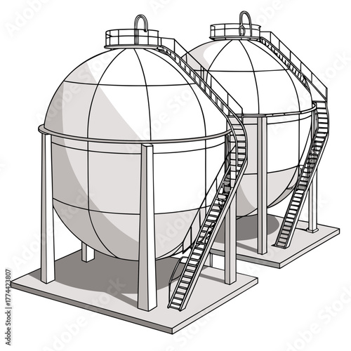 Two large spherical storage tanks with external spiral staircases and platforms on a concrete base