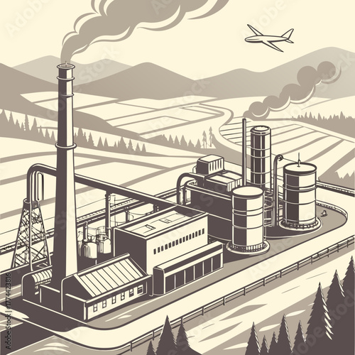 Industrial factory with smokestacks and storage tanks in a rural landscape with rolling hills and fields