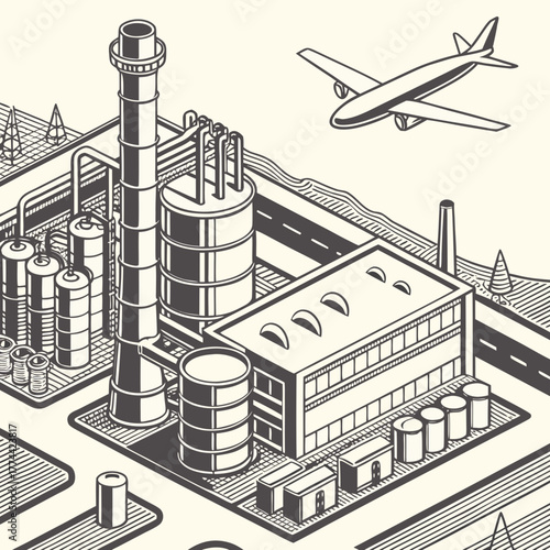 Isometric illustration of a modern industrial complex with smokestacks storage tanks and an airplane flying overhead