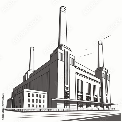 Striking black and white line art illustration of battersea power station in london
