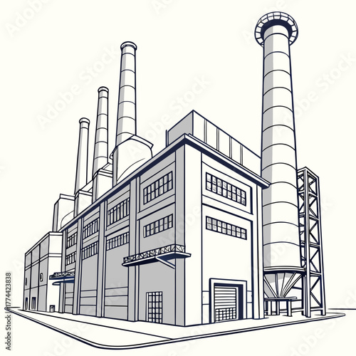 Industrial factory building with multiple smokestacks and large windows in a stylized line art drawing