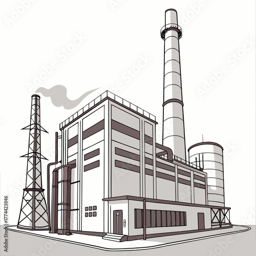 Industrial factory building with tall smokestacks and pipes emitting smoke against a white background